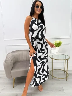Kremowo-Czarna Sukienka Maxi z Rozporkiem 14054-147-B|Modna Kiecka Fashion