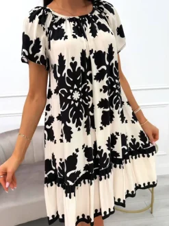 Kremowo-Czarna Sukienka ze Wzorem 14057-503-C|Modna Kiecka Fashion