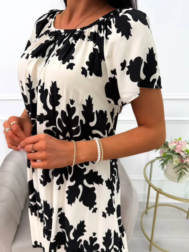Kremowo-Czarna Sukienka ze Wzorem 14057-503-C|Modna Kiecka Fashion