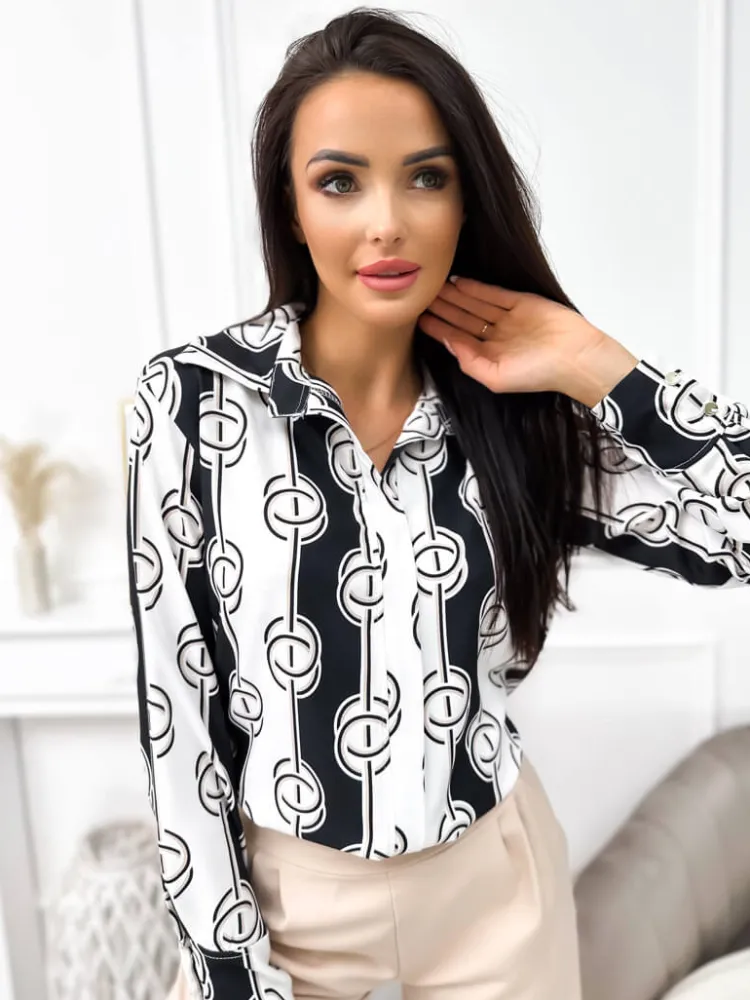 Kremowo-Czarna Wzorzysta Bluzka 11607-406-B|Modna Kiecka Online