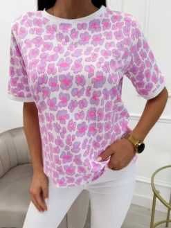 Kremowo-Fioletowy T-shirt w Panterkę 13763-117-B|Modna Kiecka Discount