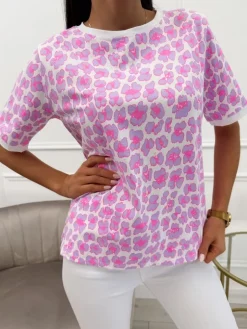 Kremowo-Fioletowy T-shirt w Panterkę 13763-117-B|Modna Kiecka Discount