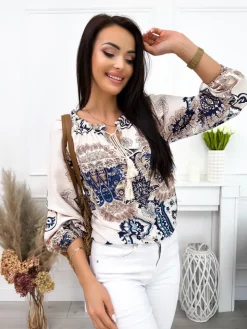 Kremowo-Granatowa Bluzka ze Wzorem 12149-109-B|Modna Kiecka Best