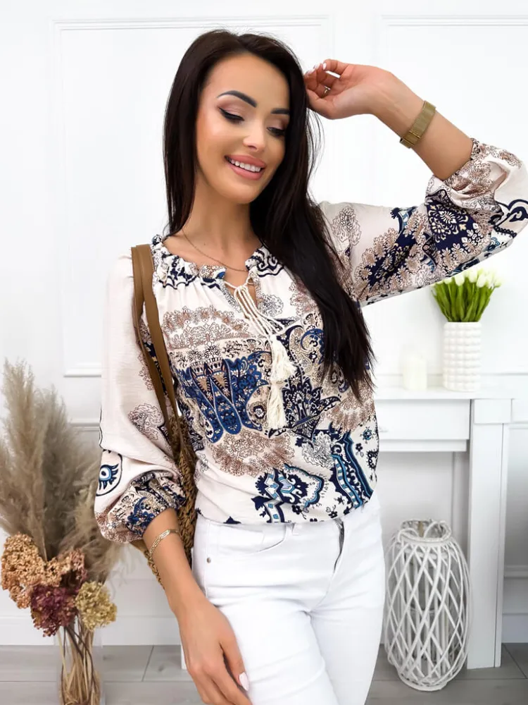 Kremowo-Granatowa Bluzka ze Wzorem 12149-109-B|Modna Kiecka Best