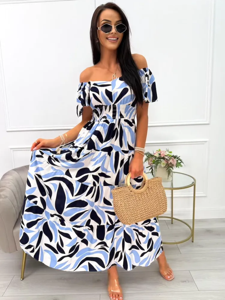 Kremowo-Granatowo-Niebieska Sukienka Maxi 14039-402-C|Modna Kiecka Clearance