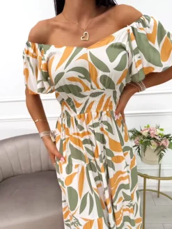 Kremowo-Musztardowo-Zielona Sukienka Maxi 14039-402-A|Modna Kiecka Hot