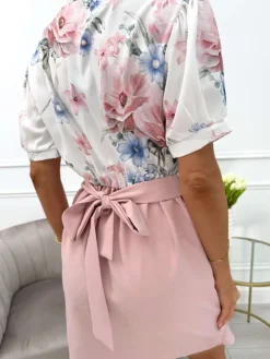 Kremowo-Pudrowa Sukienka z Motywem Kwiatowym 13980-419-Q|Modna Kiecka Outlet