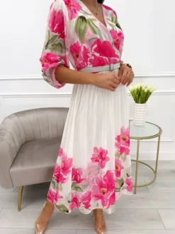 Kremowo-Różowa Sukienka w Kwiaty z Plisowanym Dołem 13855-111-C|Modna Kiecka Fashion