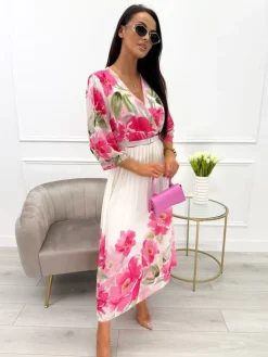 Kremowo-Różowa Sukienka w Kwiaty z Plisowanym Dołem 13855-111-C|Modna Kiecka Fashion