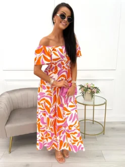 Kremowo-Różowo-Pomarańczowa Sukienka Maxi 14039-402-B|Modna Kiecka Hot