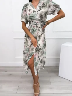 Kremowo-Zielona Kwiecista Sukienka z Ozdobą 12490-360-B|Modna Kiecka Sale