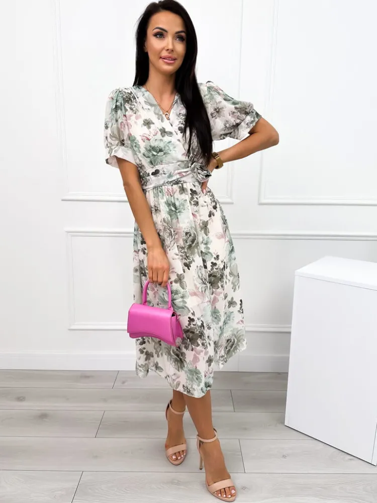 Kremowo-Zielona Kwiecista Sukienka z Ozdobą 12490-360-B|Modna Kiecka Sale