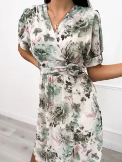 Kremowo-Zielona Kwiecista Sukienka z Ozdobą 12490-360-B|Modna Kiecka Sale