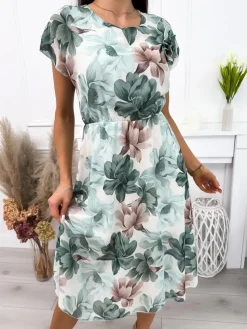 Kremowo-Zielona Sukienka w Kwiaty 12255-278-B|Modna Kiecka Sale