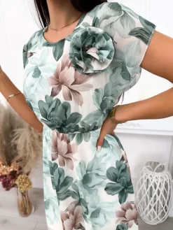 Kremowo-Zielona Sukienka w Kwiaty 12255-278-B|Modna Kiecka Sale