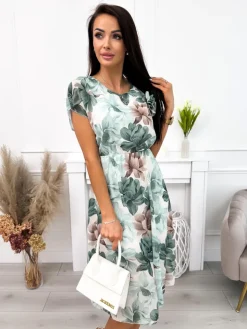 Kremowo-Zielona Sukienka w Kwiaty 12255-278-B|Modna Kiecka Sale