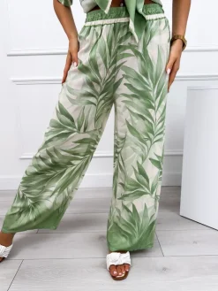 Kremowo-Zielone Szerokie Spodnie 12452-72-B|Modna Kiecka Discount