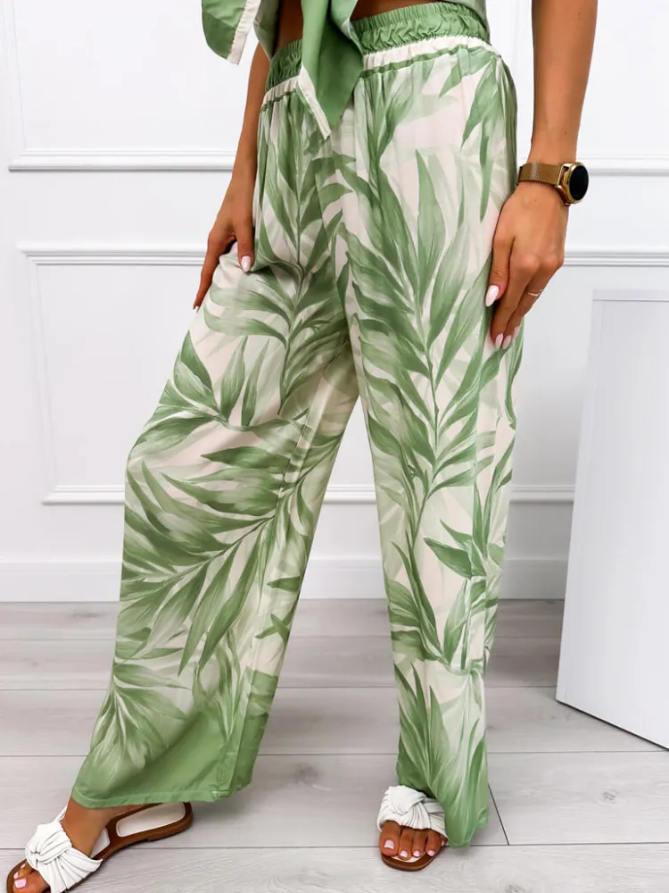 Kremowo-Zielone Szerokie Spodnie 12452-72-B|Modna Kiecka Discount