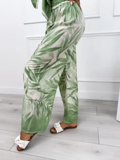 Kremowo-Zielone Szerokie Spodnie 12452-72-B|Modna Kiecka Discount