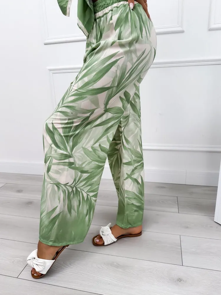 Kremowo-Zielone Szerokie Spodnie 12452-72-B|Modna Kiecka Discount
