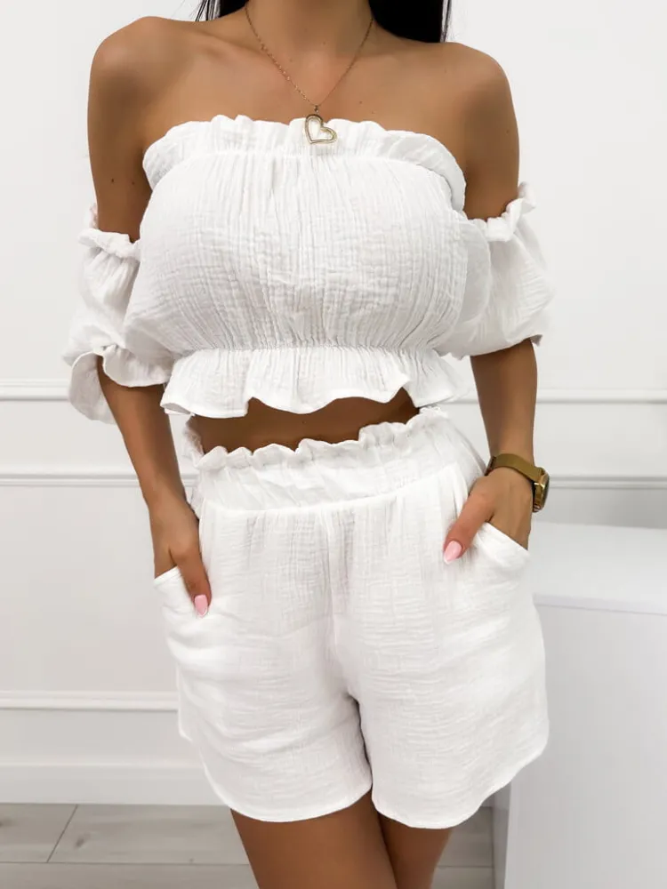 Kremowy Komplet Crop Top + Spodenki 12534-414-D|Modna Kiecka Discount