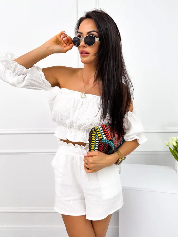 Kremowy Komplet Crop Top + Spodenki 12534-414-D|Modna Kiecka Discount