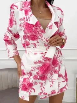 Kremowy Komplet w Różowy Wzór Marynarka Oversize + Spódnico-Spodenki 13569-511-B|Modna Kiecka Outlet