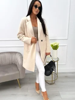Kremowy Płaszcz z Kieszeniami 10793-280-N|Modna Kiecka Fashion