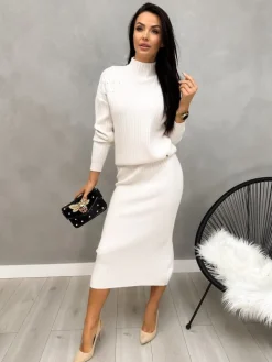 Kremowy Sweterkowy Komplet ze Spódnicą 13206-247-F|Modna Kiecka Outlet