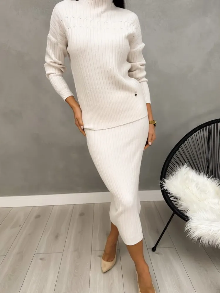Kremowy Sweterkowy Komplet ze Spódnicą 13206-247-F|Modna Kiecka Outlet