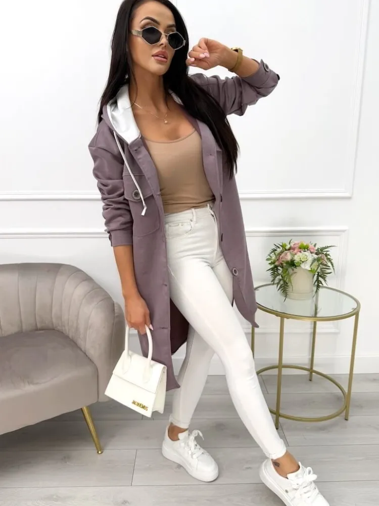 Lawendowy Zamszowy Płaszcz z Kapturem 13561-420-D|Modna Kiecka Hot