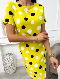 Limonkowa Sukienka w Grochy 11717-248-F|Modna Kiecka Online