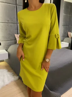 Limonkowa Sukienka z Ozdobnym Rękawkiem 11420-504-F|Modna Kiecka Best