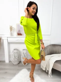 Limonkowa Sukienka z Paskiem 11626-332-D|Modna Kiecka Discount