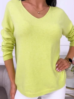 Limonkowy Sweterek z Dekoltem V 13538-235-C|Modna Kiecka Discount