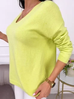 Limonkowy Sweterek z Dekoltem V 13538-235-C|Modna Kiecka Discount