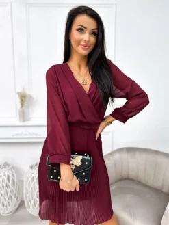 Śliwkowa Sukienka z Plisowanym Dołem 7029-415C-H|Modna Kiecka Discount