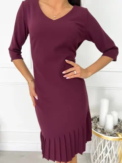 Śliwkowa Sukienka z Plisowaną Falbanką 11390-416-L|Modna Kiecka Discount