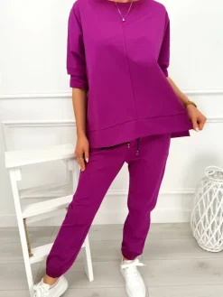 Śliwkowy Komplet Bluza Oversize + Spodnie 12784-104-H|Modna Kiecka Clearance