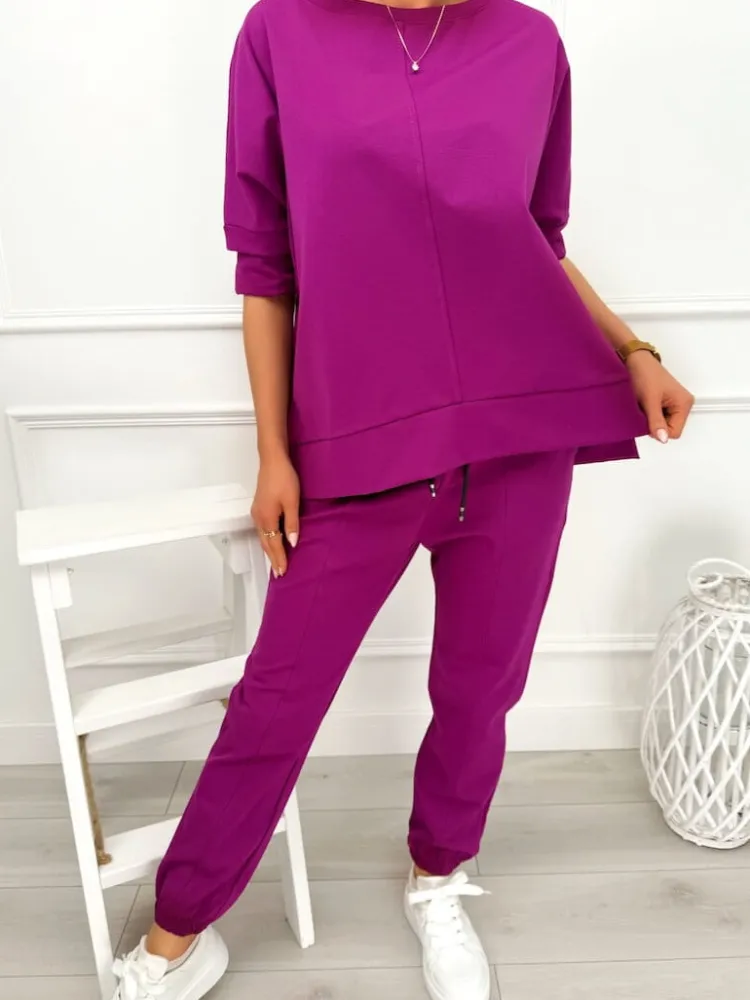 Śliwkowy Komplet Bluza Oversize + Spodnie 12784-104-H|Modna Kiecka Clearance