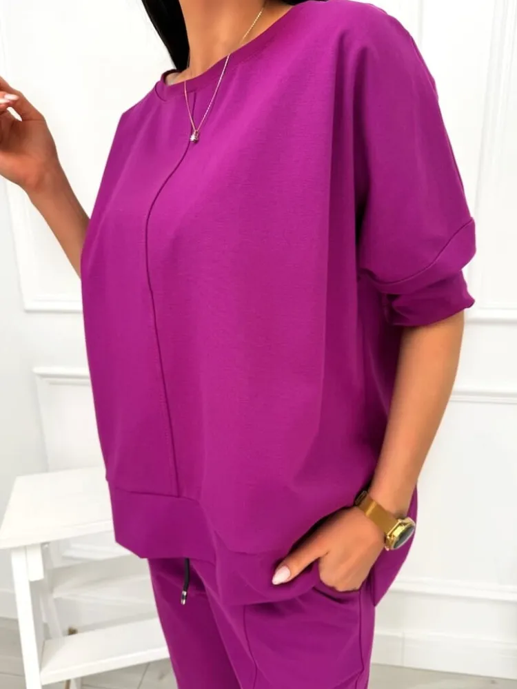 Śliwkowy Komplet Bluza Oversize + Spodnie 12784-104-H|Modna Kiecka Clearance