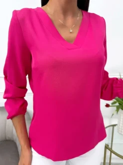 Malinowa Bluzka z Dekoltem V 10641-181-F|Modna Kiecka Fashion