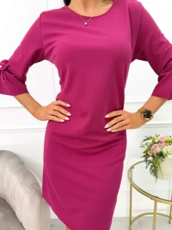 Malinowa Sukienka z Ozdobnym Rękawkiem 11420-504-H|Modna Kiecka Outlet