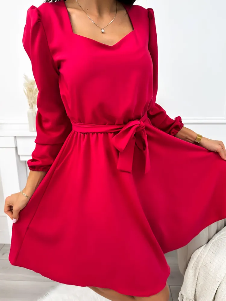 Malinowa Sukienka z Paskiem 11376-300-C|Modna Kiecka Outlet