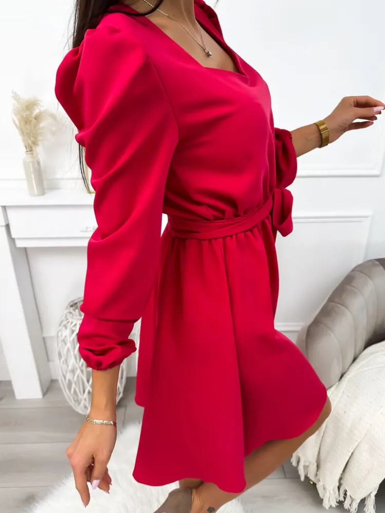 Malinowa Sukienka z Paskiem 11376-300-C|Modna Kiecka Outlet