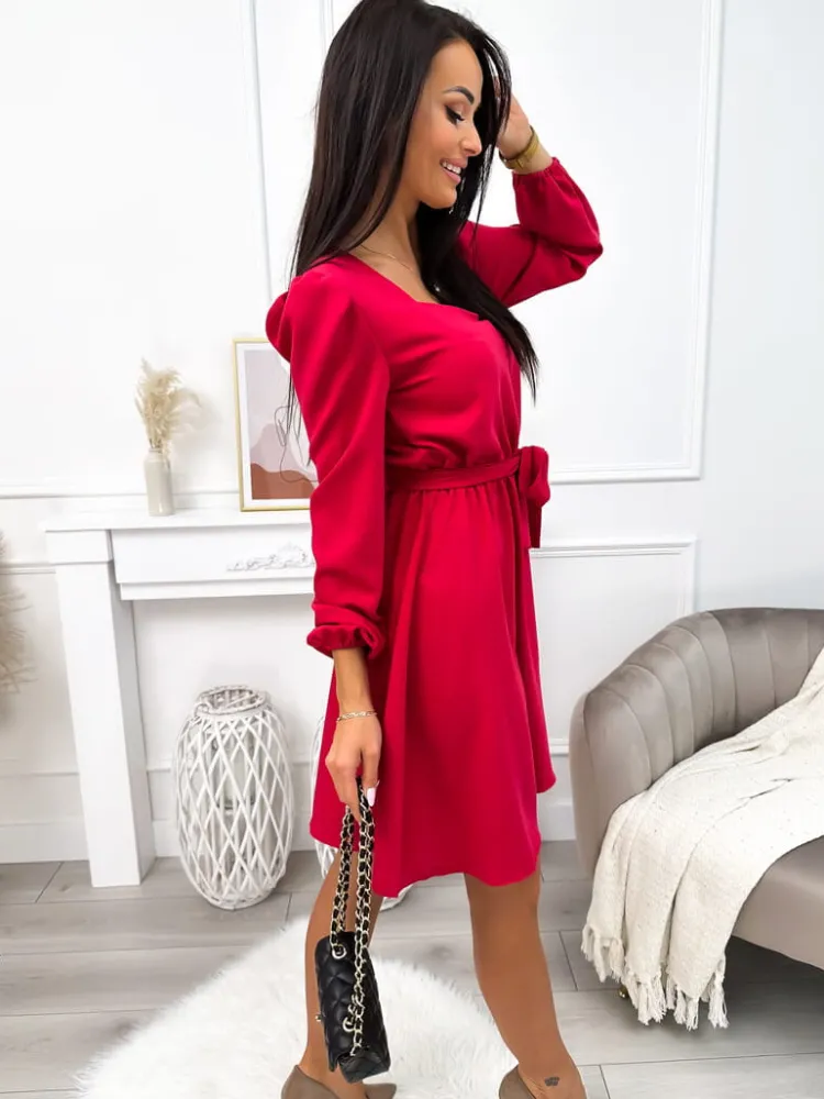 Malinowa Sukienka z Paskiem 11376-300-C|Modna Kiecka Outlet
