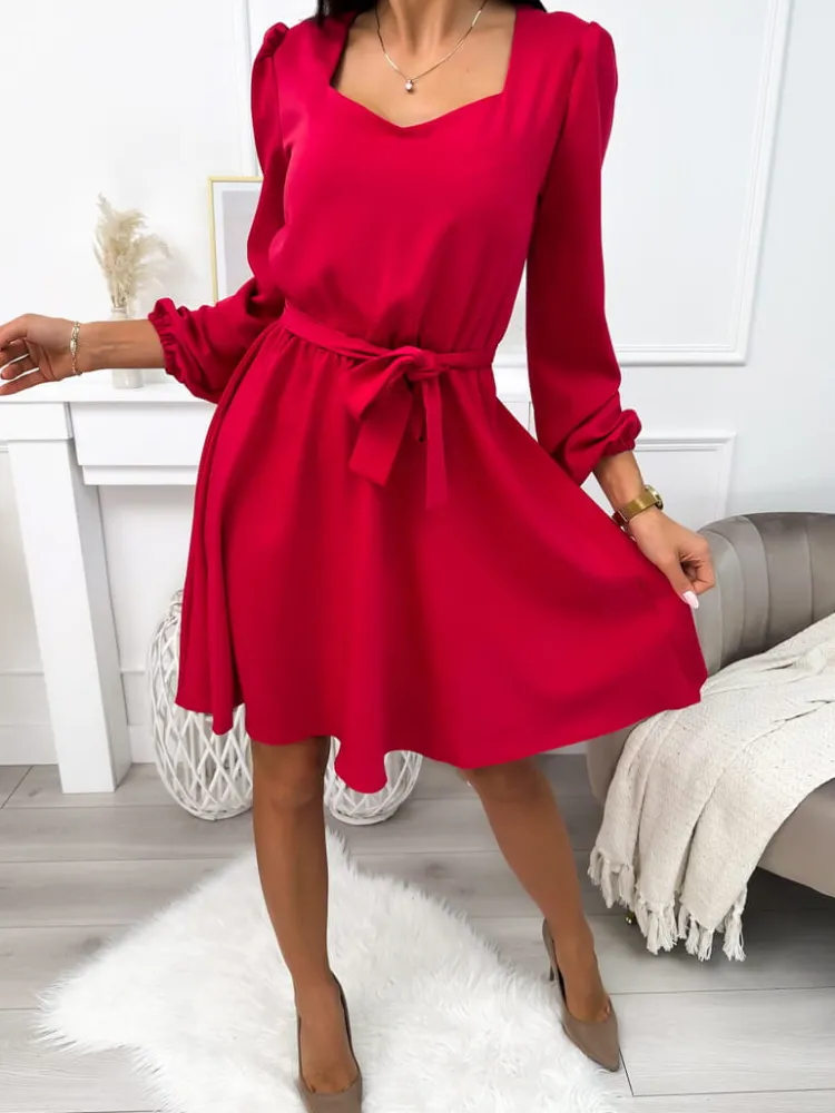 Malinowa Sukienka z Paskiem 11376-300-C|Modna Kiecka Outlet