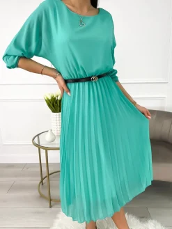 Miętowa Plisowana Sukienka z Paskiem 11651-57-E|Modna Kiecka Fashion