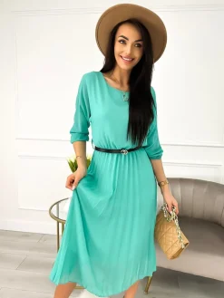 Miętowa Plisowana Sukienka z Paskiem 11651-57-E|Modna Kiecka Fashion