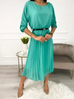 Miętowa Plisowana Sukienka z Paskiem 11651-57-E|Modna Kiecka Fashion
